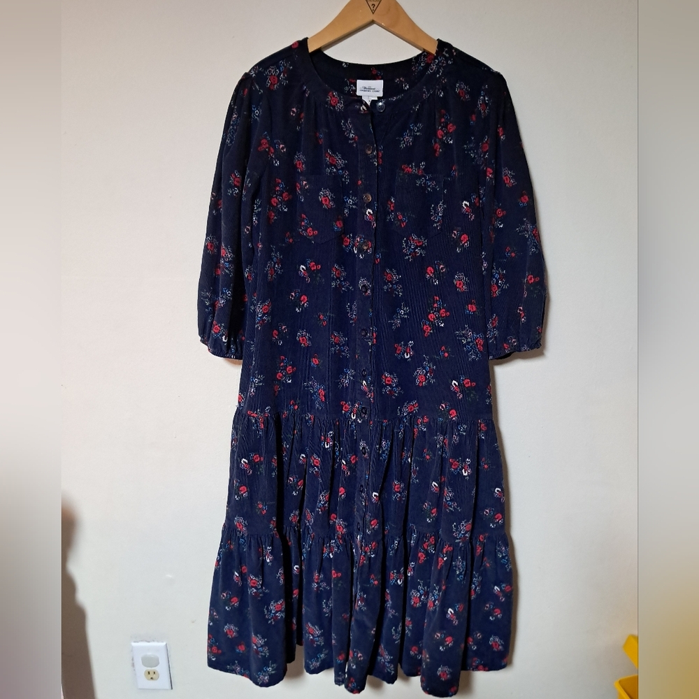 Women's Navy Floral Button-Front Tiered Midi Dress